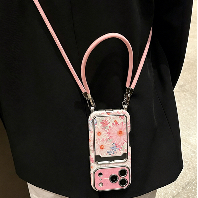 Phone Cases With Card Holder - Roze bloemenprint imitatieleer telefoonhoesje met crossbodykoord
